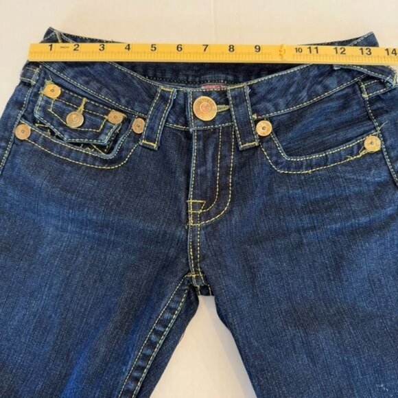 True Religion Jeans Joey Big T Flare Twisted Leg Size 27 Waist Denim Gold Stitch - Picture 12 of 13